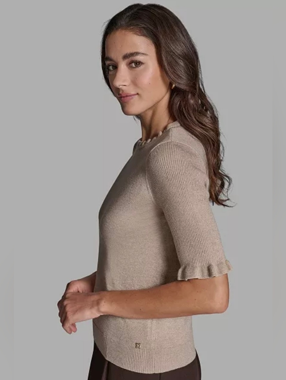 BCBG Neutral Gold Ruffle-Trim Short Sleeve Knit Top - Picture 2 of 7